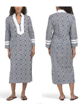 SAIL TO SABLE Greek Key Printed CAFTAN DRESS Size XS Navy White Nautical NEW